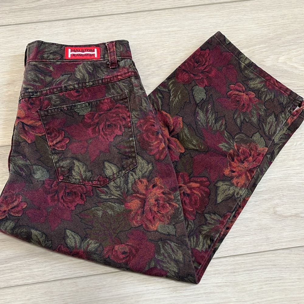 Vintage Halston Jeanswear Floral Rose Print Capris High Waisted Pants Size 8